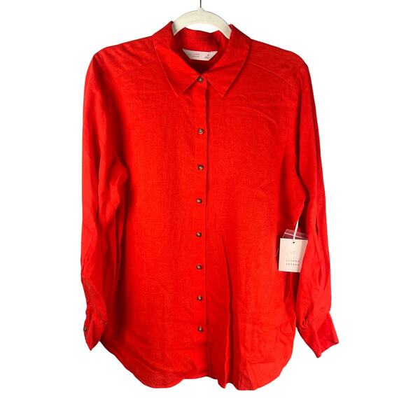 LC Lauren Conrad Blouse Womens Medium Linen Rayon Button Front Red-orange - Picture 1 of 9